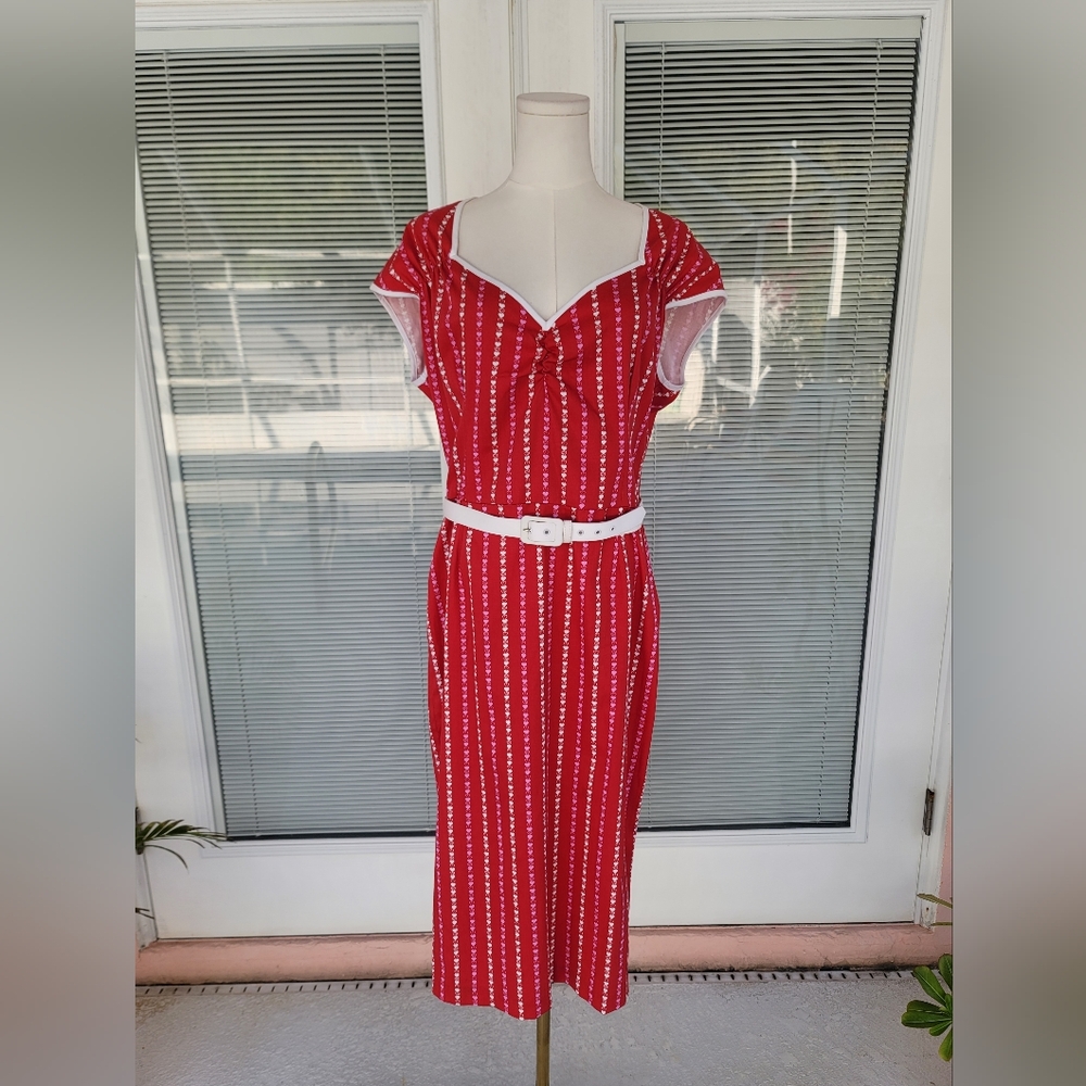 Pinup Couture Red and White Midi Wiggle Dress with Belt